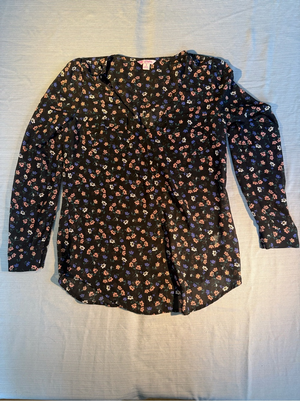 Candie's Black Floral V-Neck Wrap Blouse with Pink and Blue Flowers